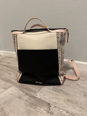 Cole Haan Black & Cream Panel Leather Backpack with Pink Trim